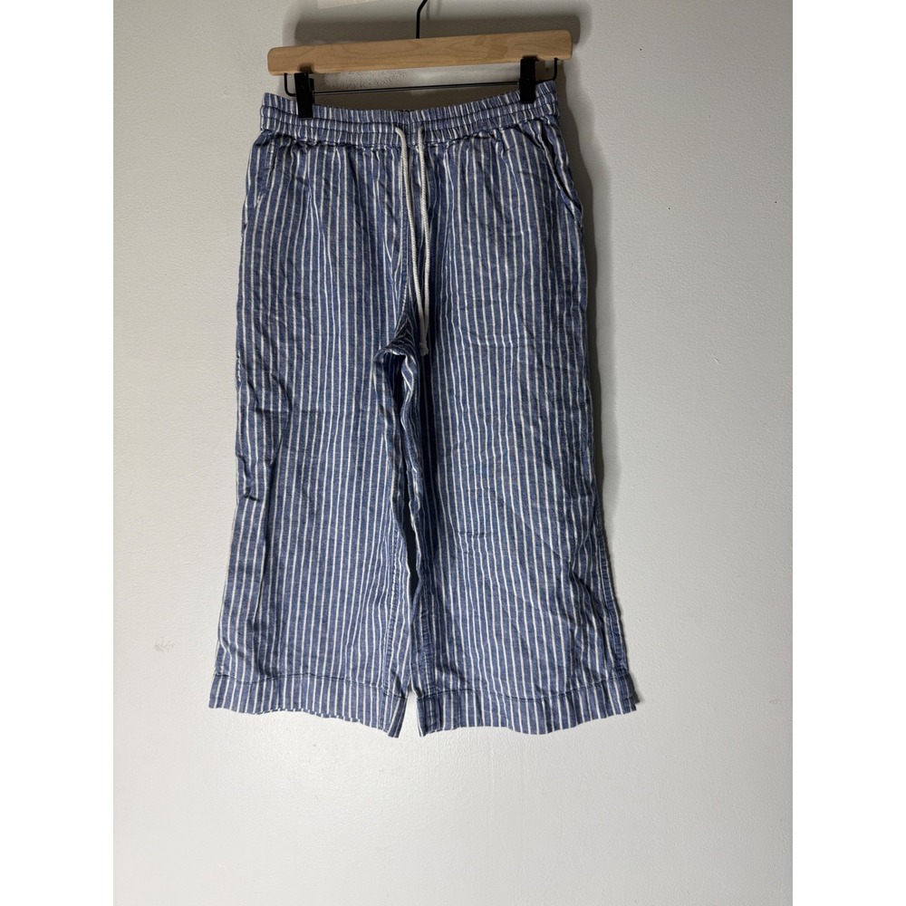 Beach Lunch Lounge Margot Linen Blue Striped High Rise Crop Pants small